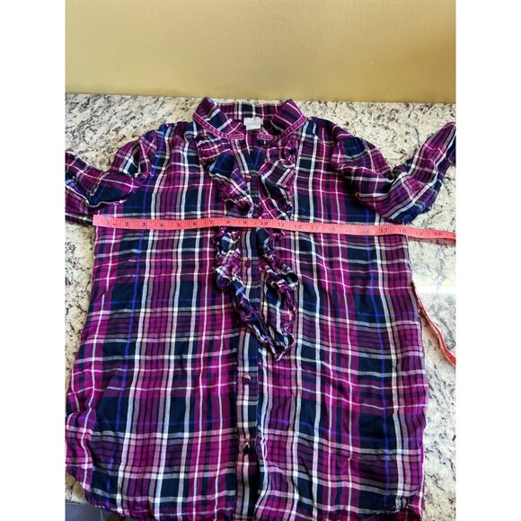 Chicos Womens Shirt Small Ruffled Purple Black Plaid Button-Up Preppy Academia - Picture 5 of 8